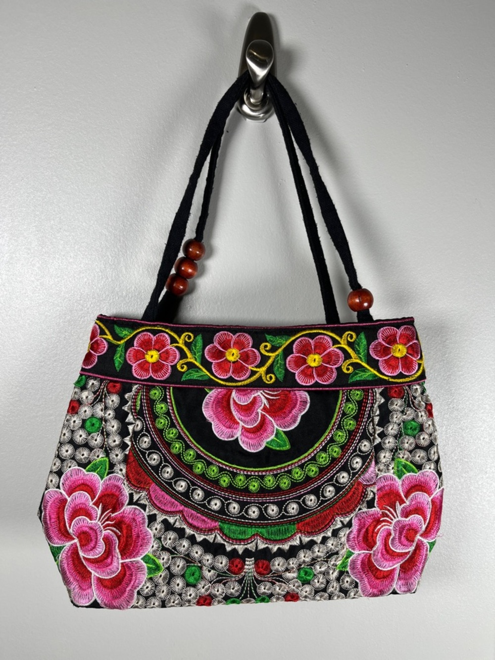 Embroidered Floral Tote Bag - Pink & Black